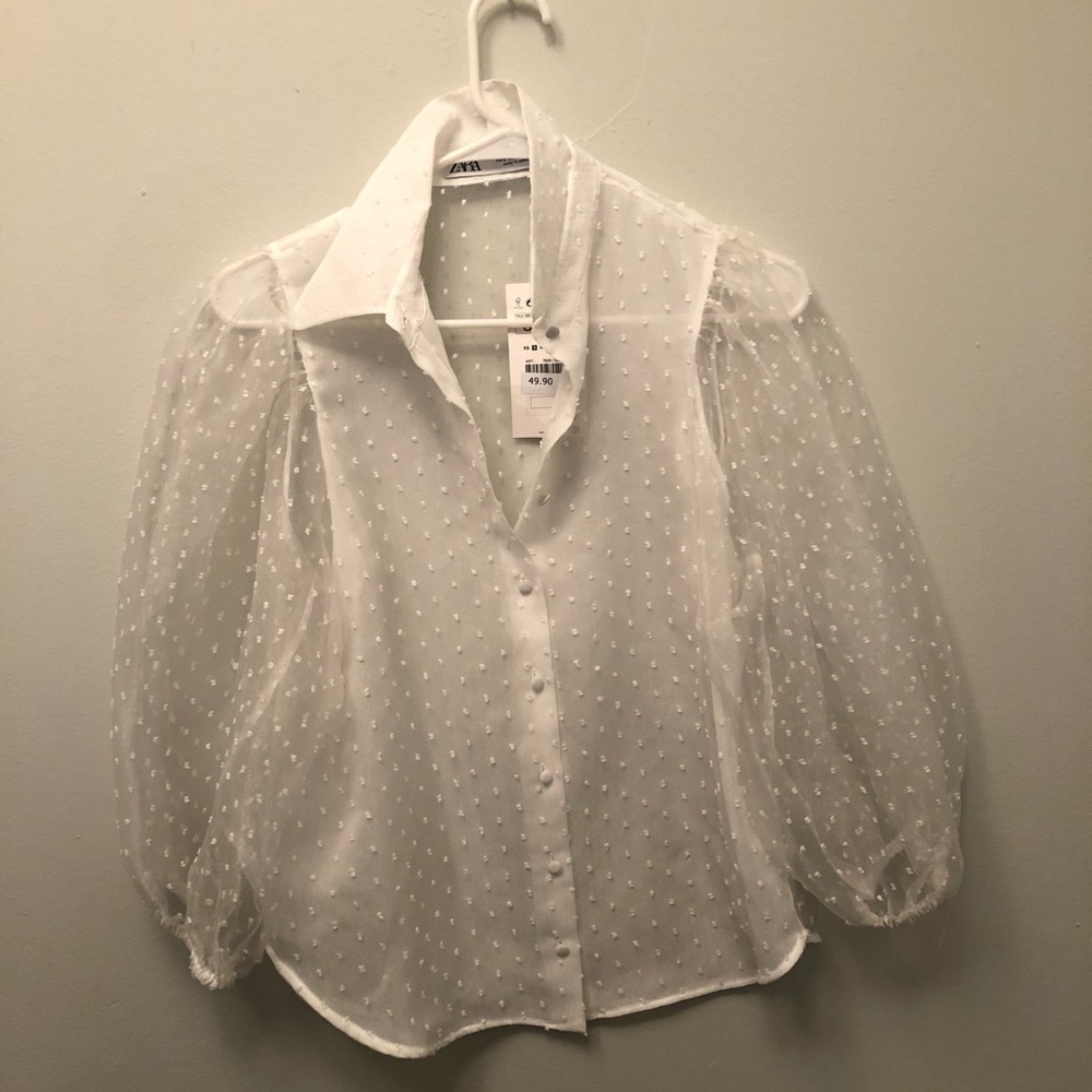 Sheer swiss dot blouse with puffy sleeves